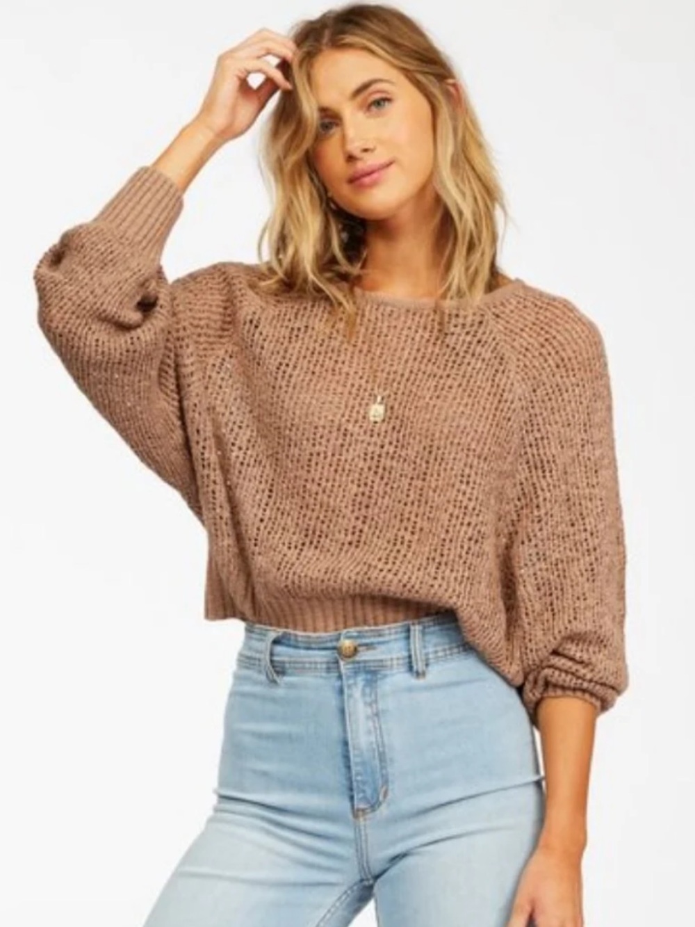 Billabong Taupe Cropped Crew Sweater